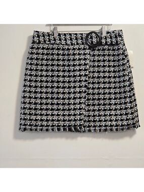 Black & White Houndstooth Tweed Mini Skirt with Decorative Belt